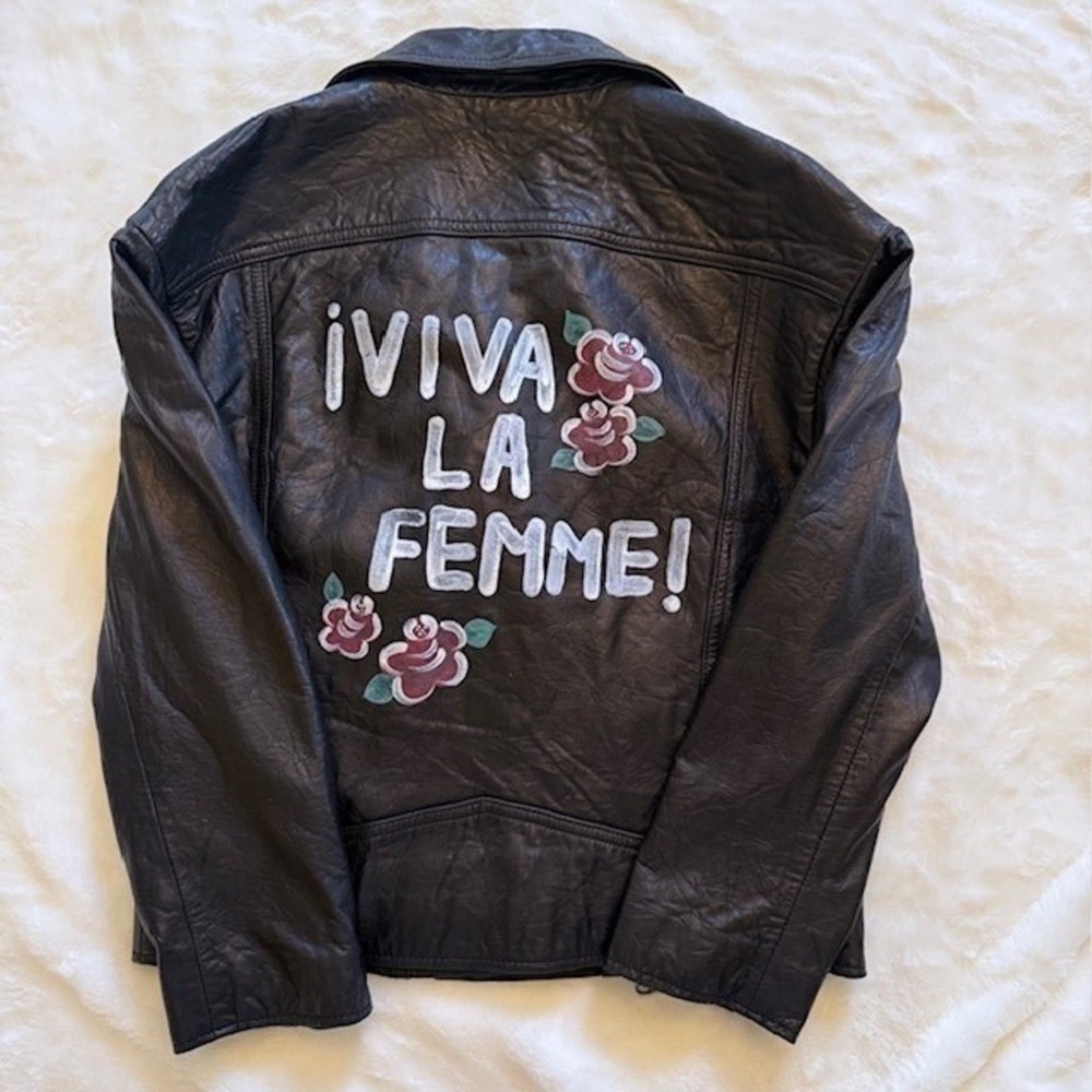 Joie Viva La Femme Black Lamb Leather Moto Jacket Floral Graphic  Size M - Picture 9 of 11